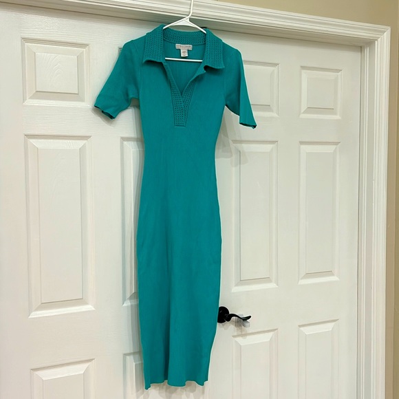 Caroline Constas Knit Dress Turquoise Ribbed Crochet Collar Bodycon Midi Medium - Picture 3 of 5